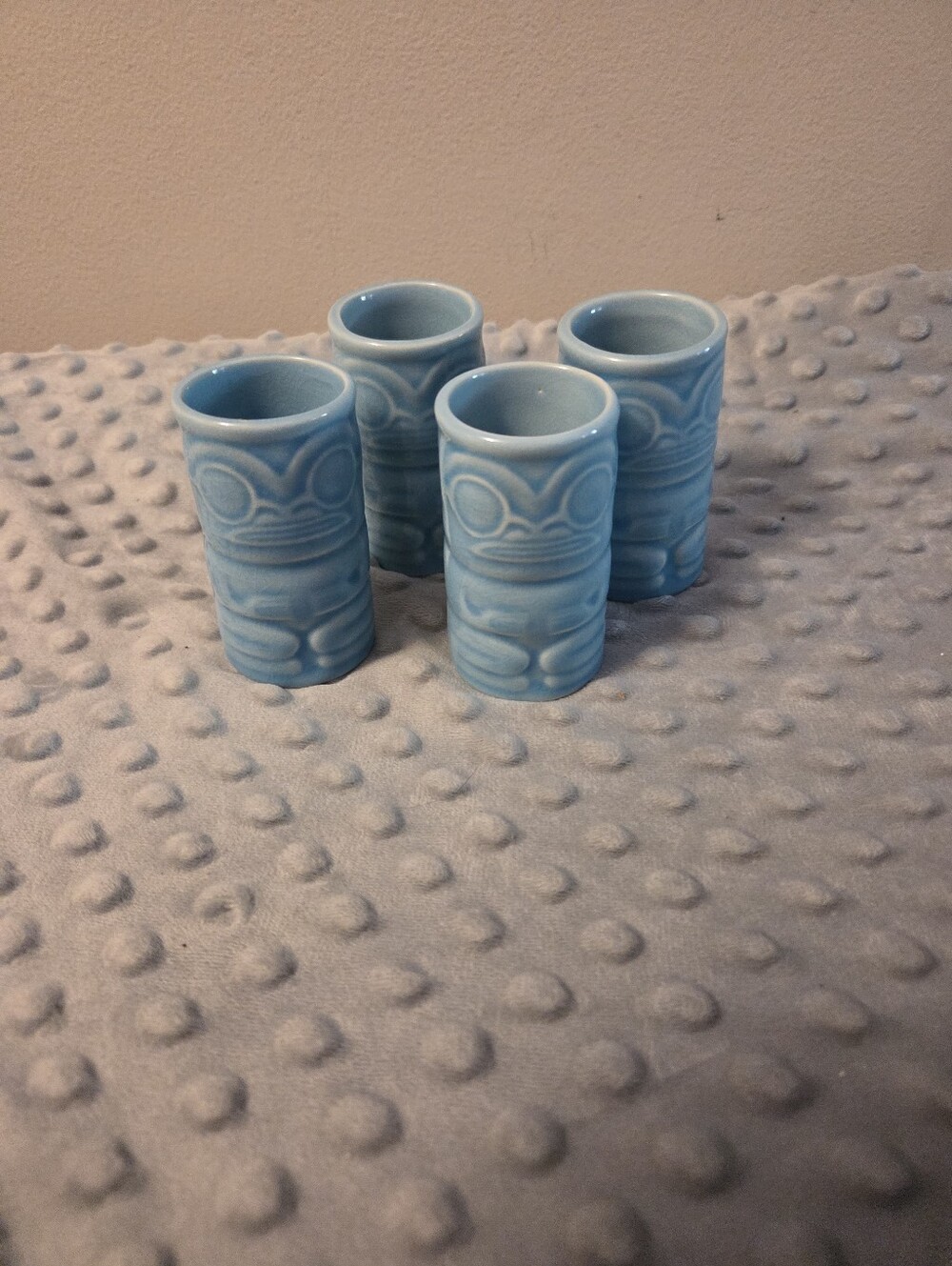 Set of 4 Blue Whaler's Tiki Shot Glass toothpick holder Ceramic Blue 3.25"